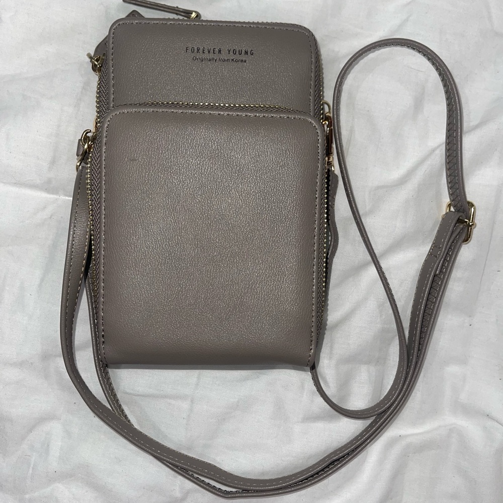 Forever Young Taupe Gray Crossbody Phone Bag